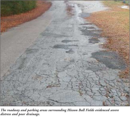 The roadway and parking areas surrounding Hixson Ball Fields evidenced severe distress and poor drainage.