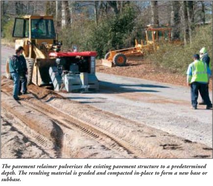 The pavement relaimer pulverizes the existing pavement structure to a predetermined depth. The resulting material is graded and compacted in-place to form a new base or subbase.